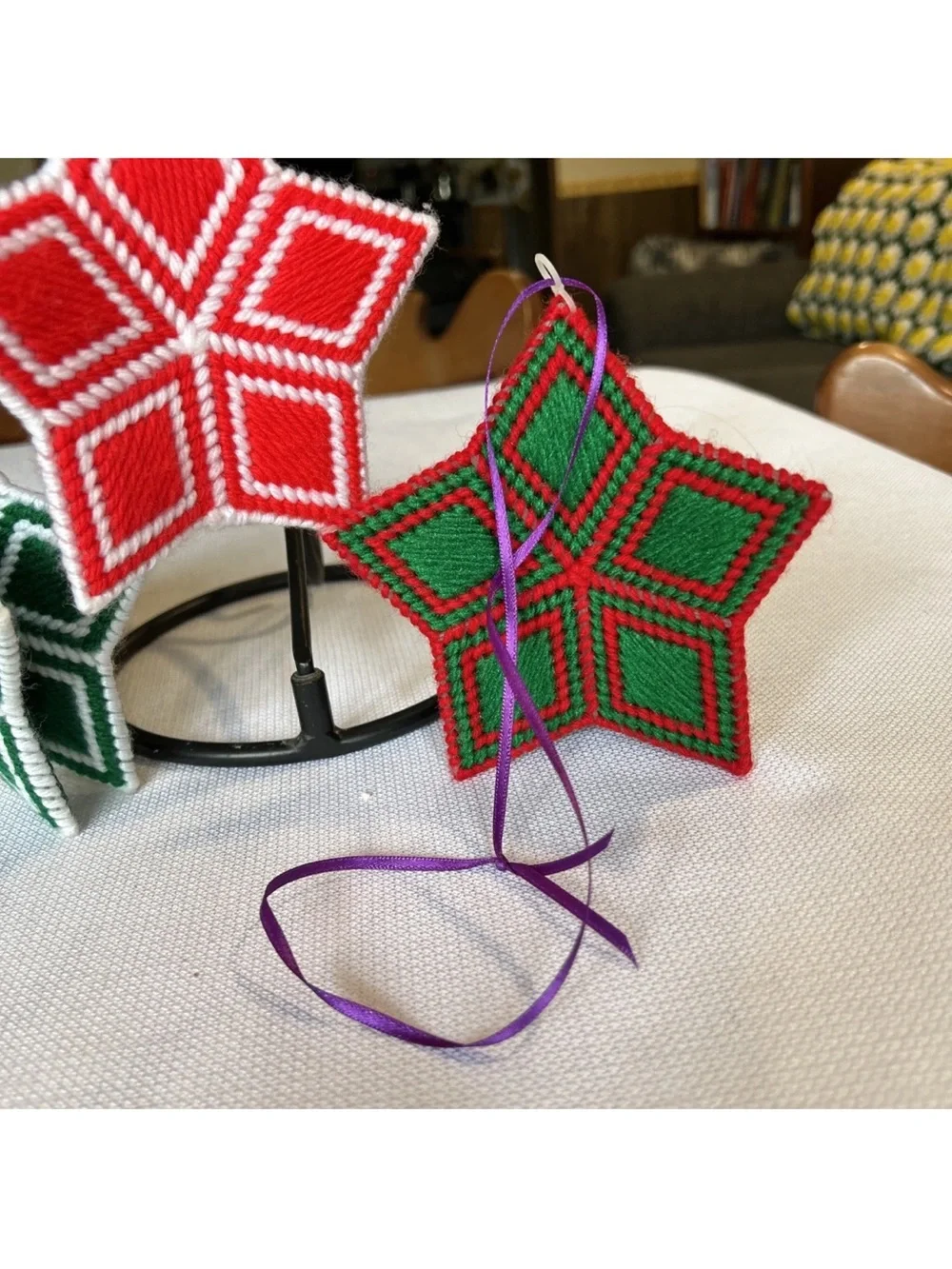 Handmade Red and Green Star Ornaments 3D- set of 4